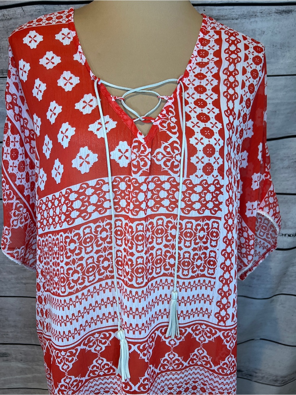 Democracy Orange & White Boho Floral Patterned Swim Coverup Tunic Sheer Light - Picture 3 of 8